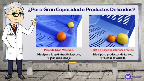 Infografía con diferencias entre un palot de paredes interiores rectas para fruta y productos delicados y uno bombé de gran capacidad o gran volumen